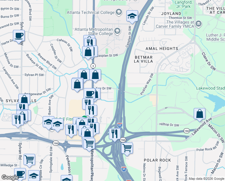 map of restaurants, bars, coffee shops, grocery stores, and more near 521 Grant Street Southwest in Atlanta