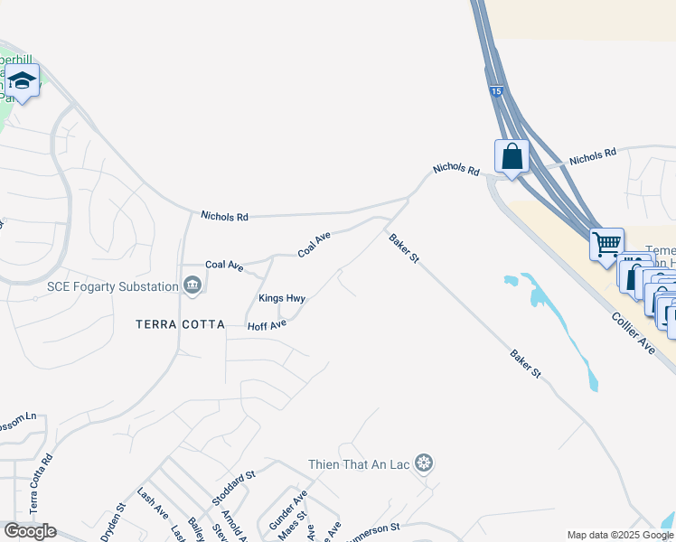 map of restaurants, bars, coffee shops, grocery stores, and more near Pierce Street in Lake Elsinore