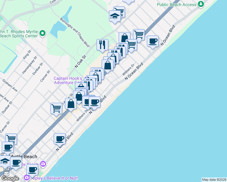 map of restaurants, bars, coffee shops, grocery stores, and more near 2400 North Ocean Boulevard in Myrtle Beach