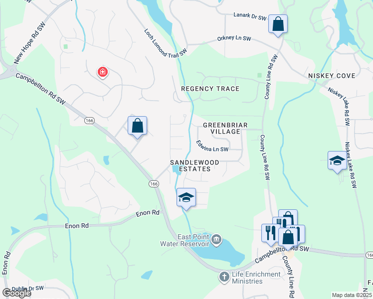 map of restaurants, bars, coffee shops, grocery stores, and more near 2208 Sandridge Place Southwest in Atlanta