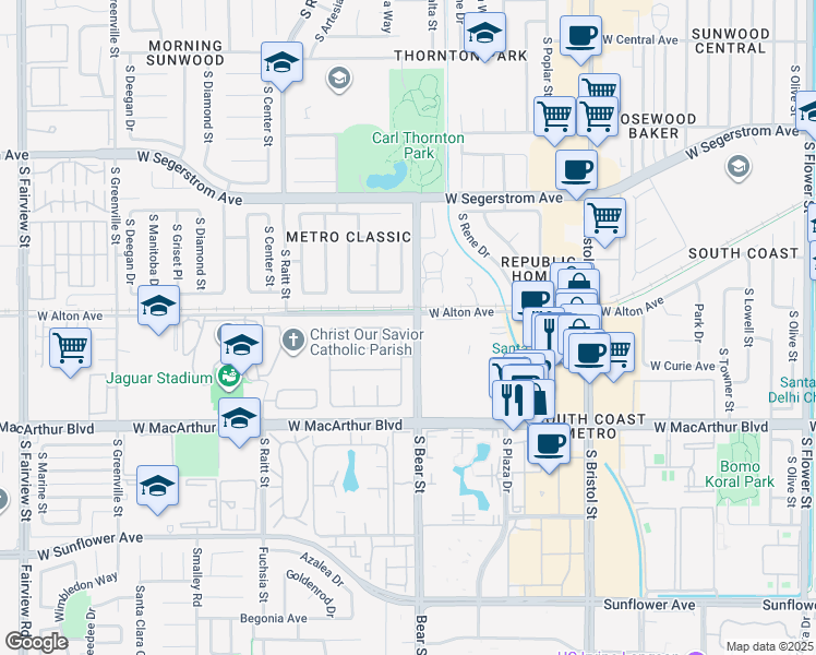 map of restaurants, bars, coffee shops, grocery stores, and more near 3301 South Sheffield Road in Santa Ana