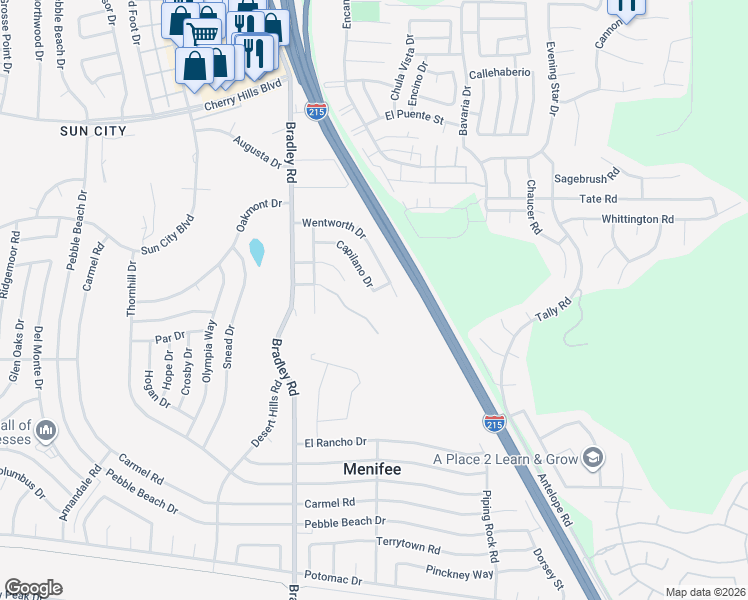 map of restaurants, bars, coffee shops, grocery stores, and more near 27369 Capilano Drive in Menifee