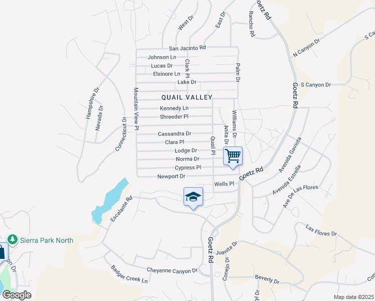 map of restaurants, bars, coffee shops, grocery stores, and more near Lodge Drive in Menifee