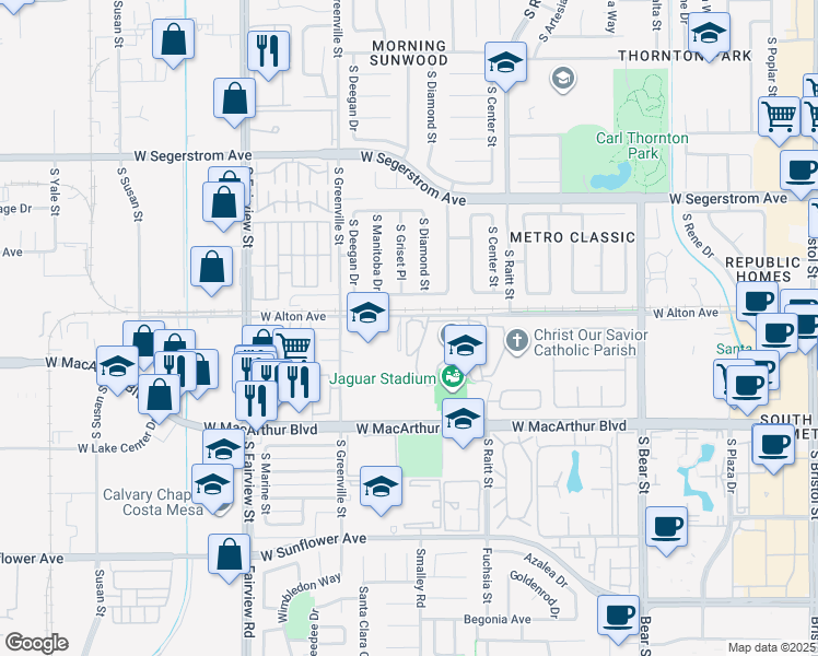 map of restaurants, bars, coffee shops, grocery stores, and more near 2448 West Alton Avenue in Santa Ana