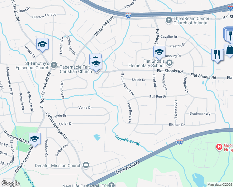map of restaurants, bars, coffee shops, grocery stores, and more near 2413 Manassas Lane in Decatur