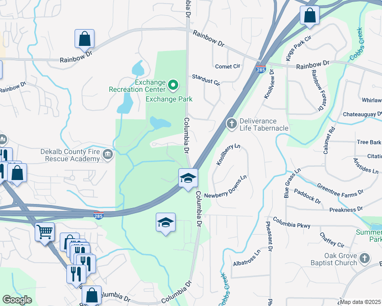 map of restaurants, bars, coffee shops, grocery stores, and more near 2834 Columbia Drive in Decatur