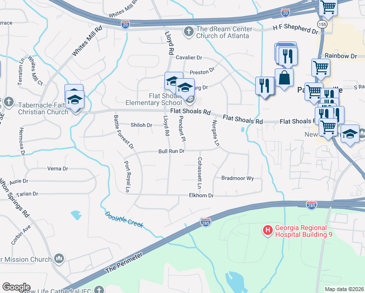 map of restaurants, bars, coffee shops, grocery stores, and more near 2602 Bull Run Drive in Decatur