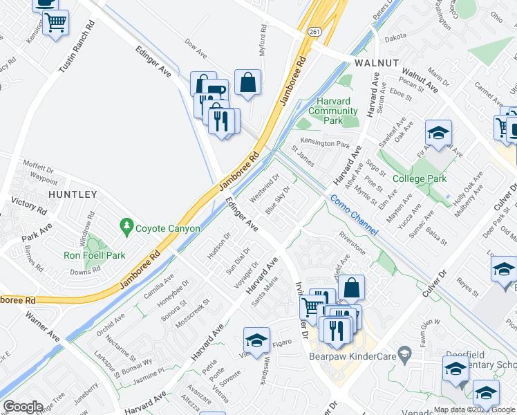 map of restaurants, bars, coffee shops, grocery stores, and more near 254 Flyers Lane in Tustin