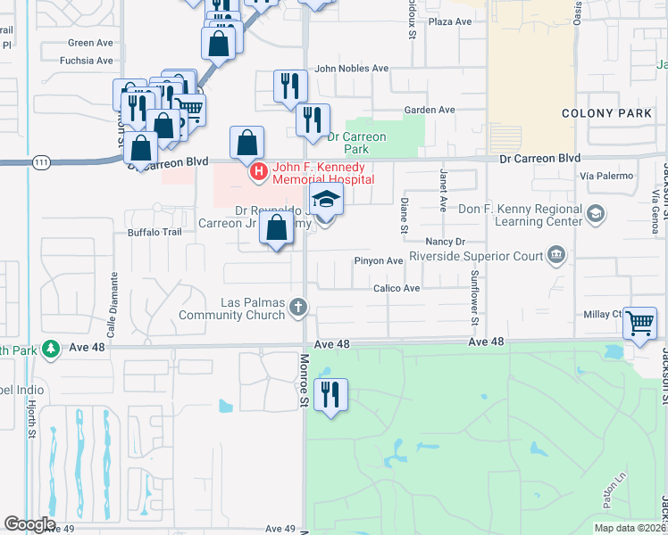 map of restaurants, bars, coffee shops, grocery stores, and more near 47630 Corta Barbato in Indio