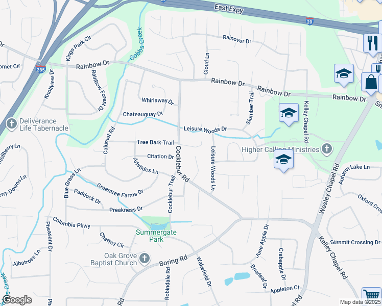 map of restaurants, bars, coffee shops, grocery stores, and more near 2847 Cocklebur Cove Court in Decatur