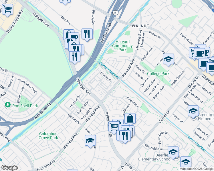 map of restaurants, bars, coffee shops, grocery stores, and more near 177 Windy Lane in Tustin