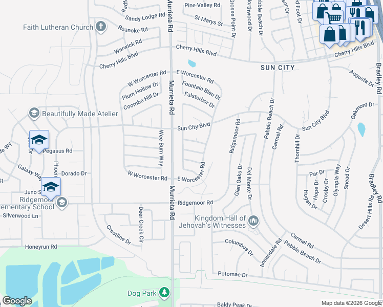 map of restaurants, bars, coffee shops, grocery stores, and more near 26111 Port Rush Drive in Menifee