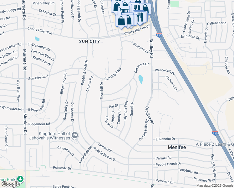 map of restaurants, bars, coffee shops, grocery stores, and more near 26709 Oakmont Drive in Menifee