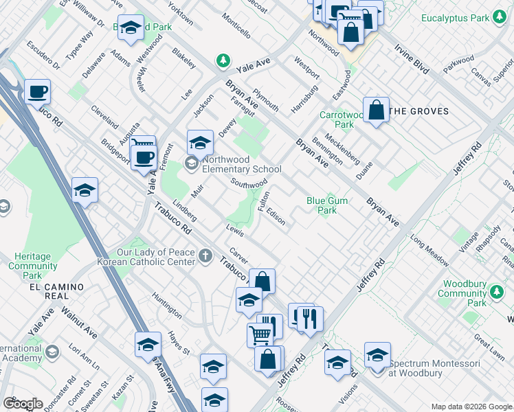 map of restaurants, bars, coffee shops, grocery stores, and more near 2 Whitney in Irvine