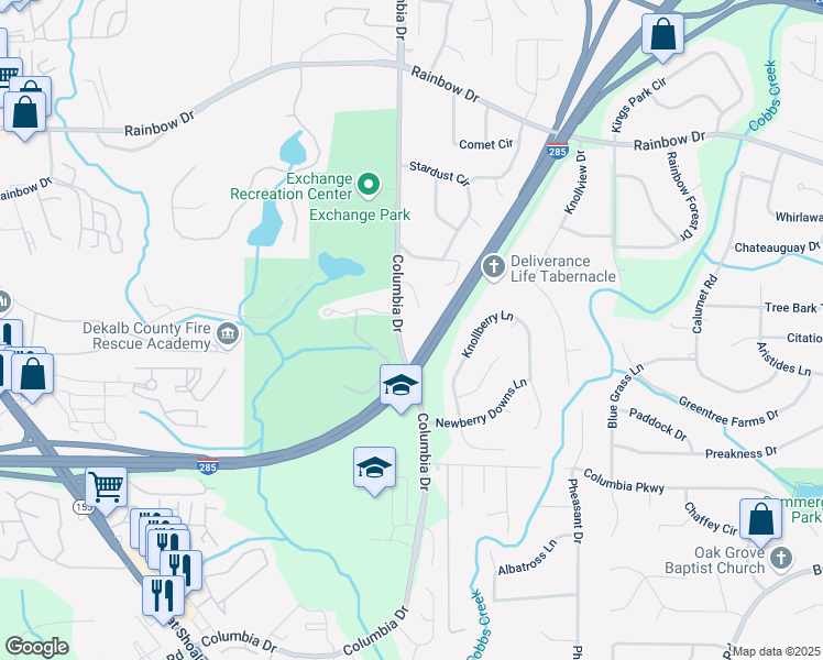 map of restaurants, bars, coffee shops, grocery stores, and more near 2834 Columbia Drive in Decatur
