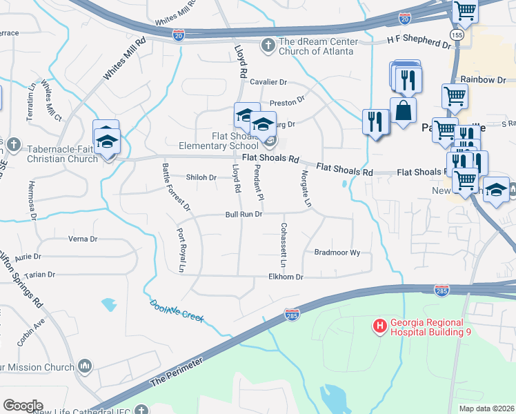 map of restaurants, bars, coffee shops, grocery stores, and more near 2602 Bull Run Drive in Decatur