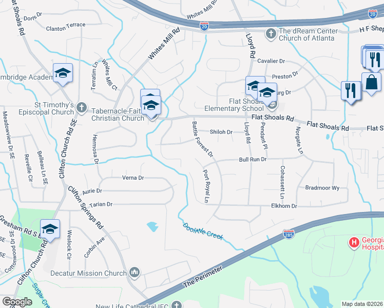 map of restaurants, bars, coffee shops, grocery stores, and more near 2835 Battle Forrest Drive in Decatur