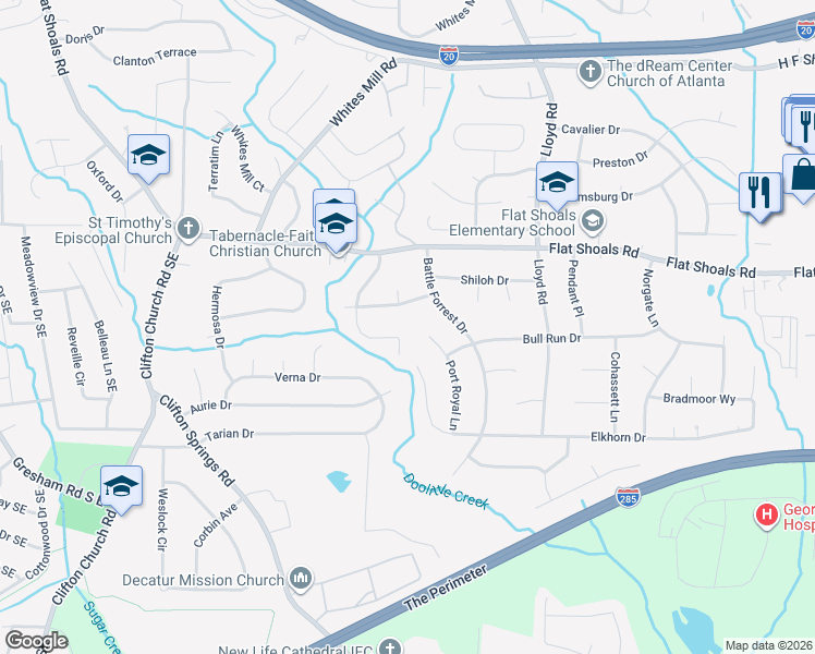 map of restaurants, bars, coffee shops, grocery stores, and more near 2413 Manassas Lane in Decatur