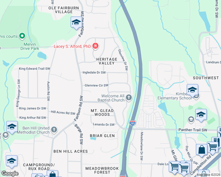map of restaurants, bars, coffee shops, grocery stores, and more near 3494 Glenview Circle Southwest in Atlanta