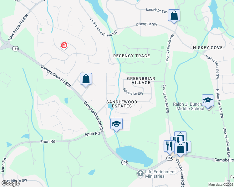 map of restaurants, bars, coffee shops, grocery stores, and more near 2208 Sandridge Place Southwest in Atlanta