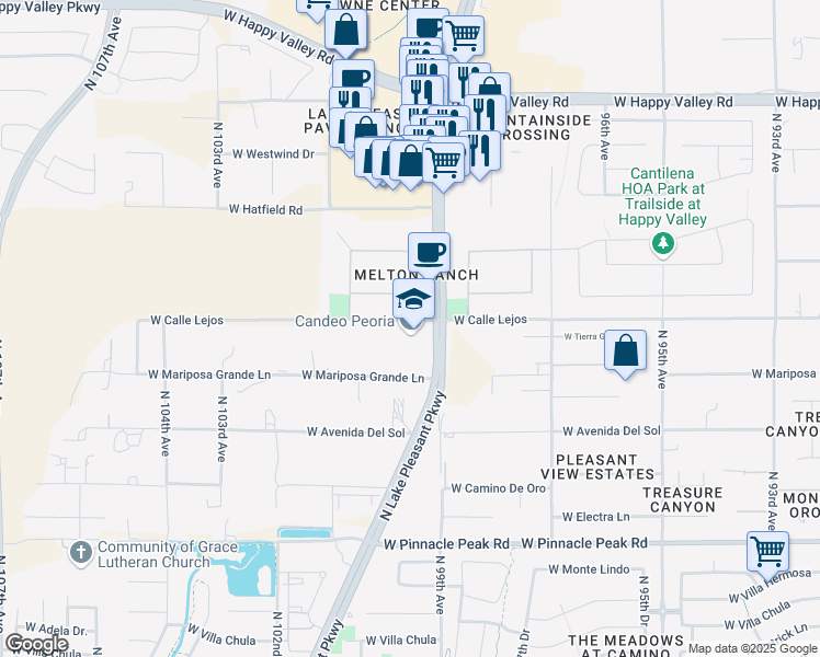 map of restaurants, bars, coffee shops, grocery stores, and more near 9965 West Calle Lejos in Peoria