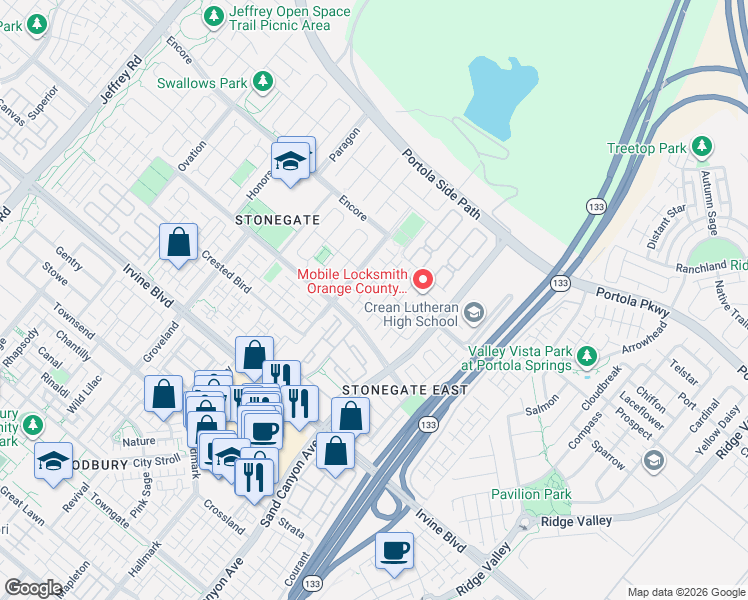 map of restaurants, bars, coffee shops, grocery stores, and more near 81 Sedgewick in Irvine