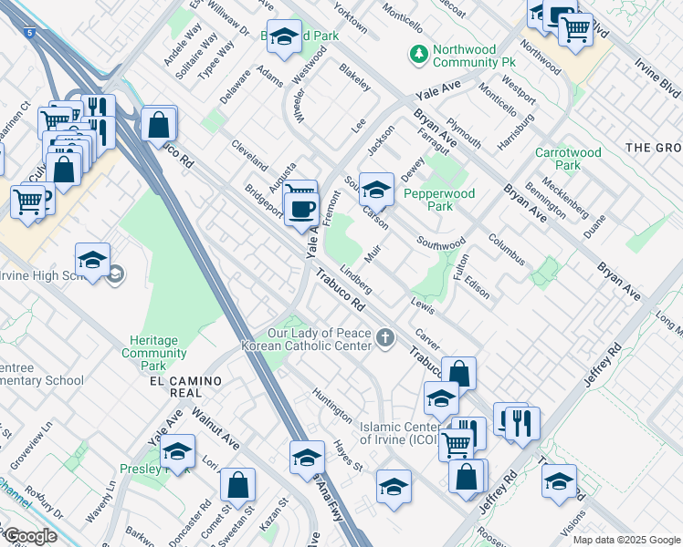 map of restaurants, bars, coffee shops, grocery stores, and more near 49 Lindberg in Irvine