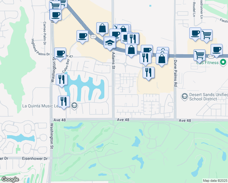 map of restaurants, bars, coffee shops, grocery stores, and more near 47268 Adams Street in La Quinta