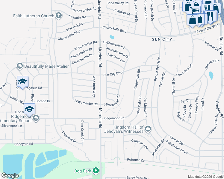 map of restaurants, bars, coffee shops, grocery stores, and more near 26111 Port Rush Drive in Menifee