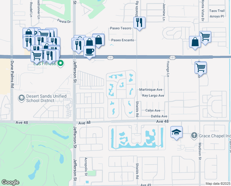map of restaurants, bars, coffee shops, grocery stores, and more near 80394 Avenue 48 in Indio