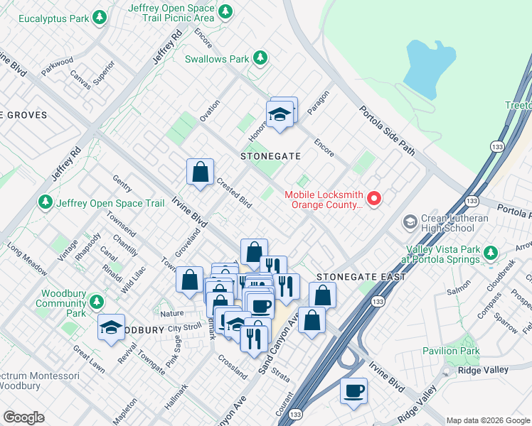 map of restaurants, bars, coffee shops, grocery stores, and more near 76 Pendant in Irvine