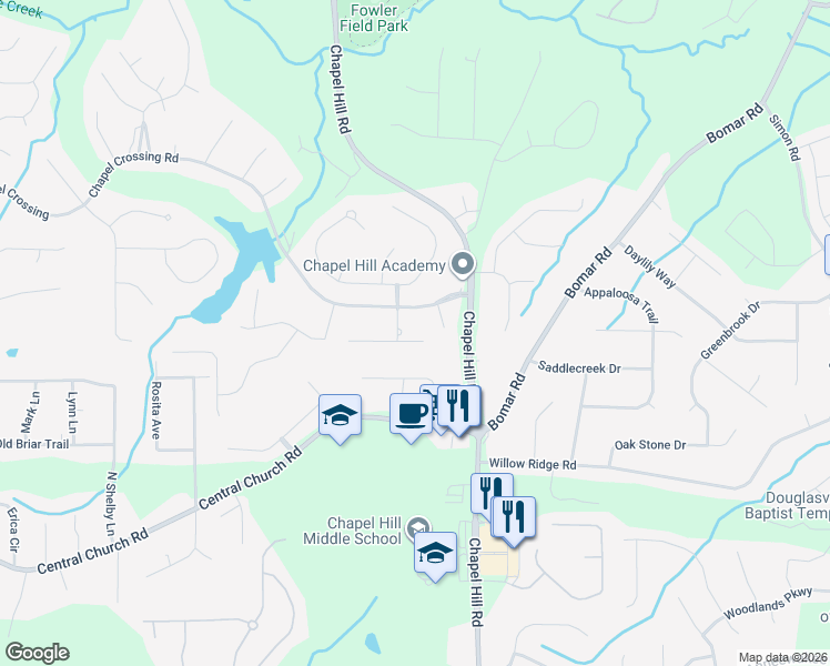 map of restaurants, bars, coffee shops, grocery stores, and more near 4400 Oliver Lane in Douglasville