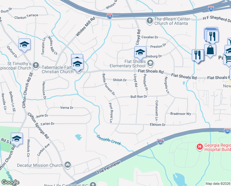 map of restaurants, bars, coffee shops, grocery stores, and more near 2868 Battle Forrest Drive in Decatur
