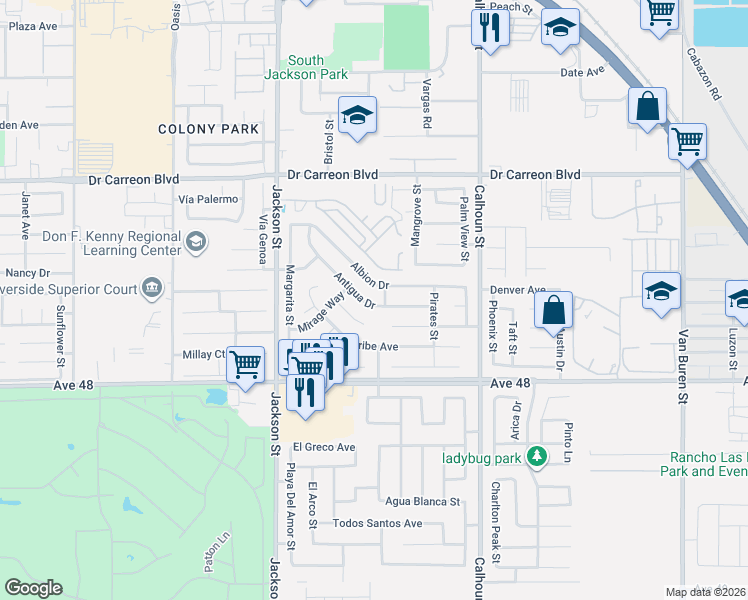 map of restaurants, bars, coffee shops, grocery stores, and more near 83242 Antigua Drive in Indio