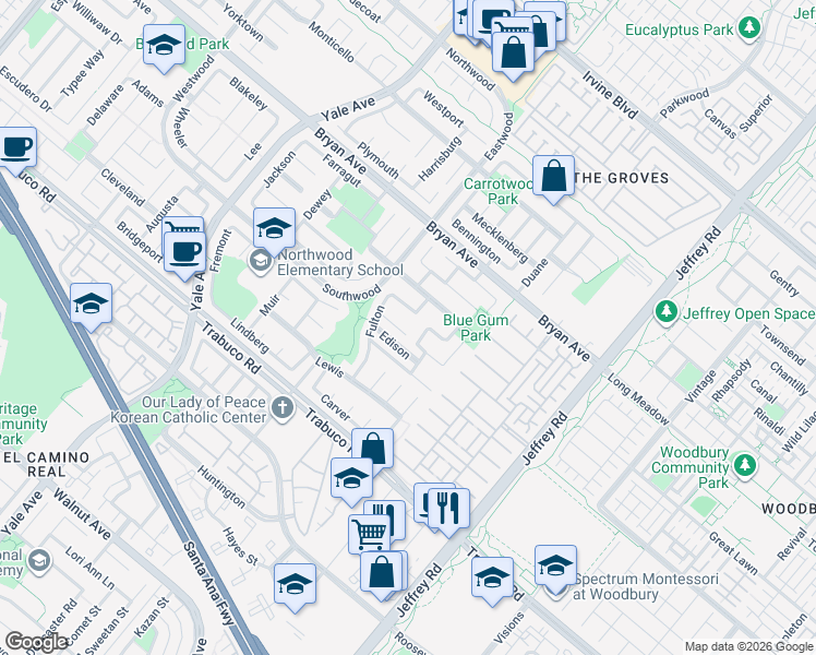 map of restaurants, bars, coffee shops, grocery stores, and more near 15 Whitney in Irvine