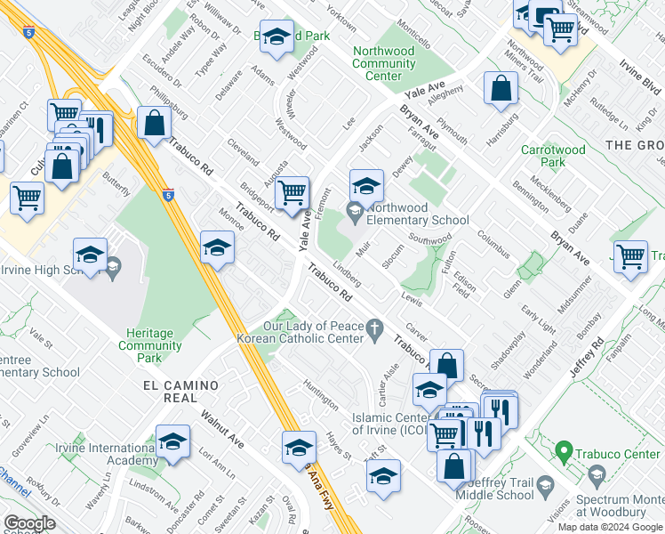 map of restaurants, bars, coffee shops, grocery stores, and more near 49 Lindberg in Irvine