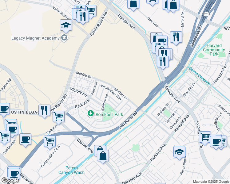 map of restaurants, bars, coffee shops, grocery stores, and more near 58 Windwalker Way in Irvine