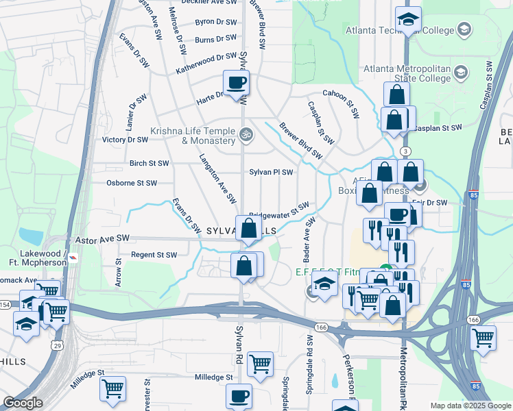 map of restaurants, bars, coffee shops, grocery stores, and more near 1889 Brandywine Street Southwest in Atlanta