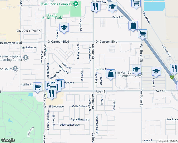 map of restaurants, bars, coffee shops, grocery stores, and more near 83460 Mantica Court in Indio
