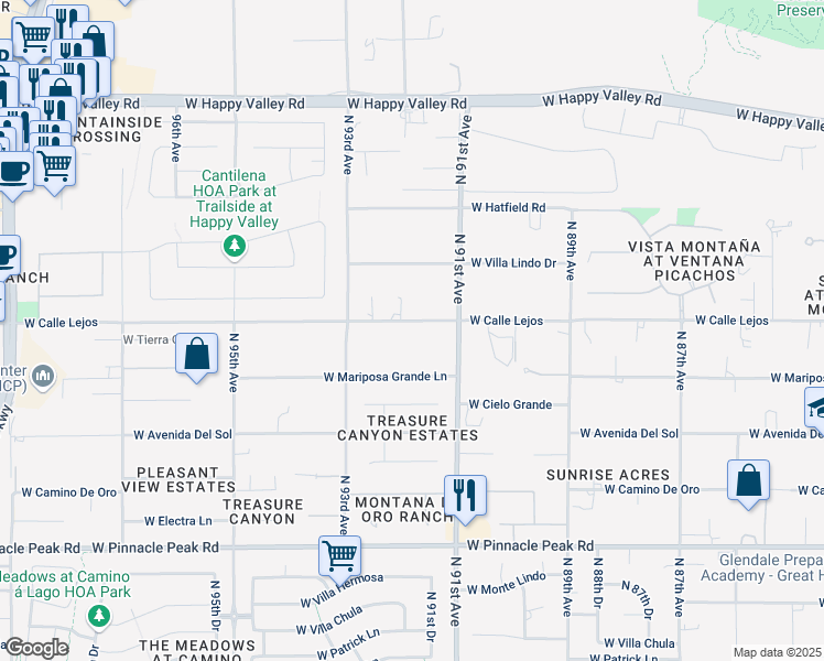 map of restaurants, bars, coffee shops, grocery stores, and more near 9127 West Calle Lejos in Peoria