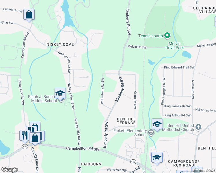 map of restaurants, bars, coffee shops, grocery stores, and more near 1886 West Kimberly Road Southwest in Atlanta