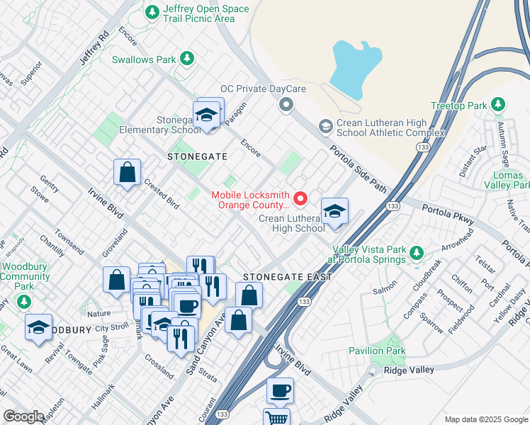 map of restaurants, bars, coffee shops, grocery stores, and more near 81 Sedgewick in Irvine