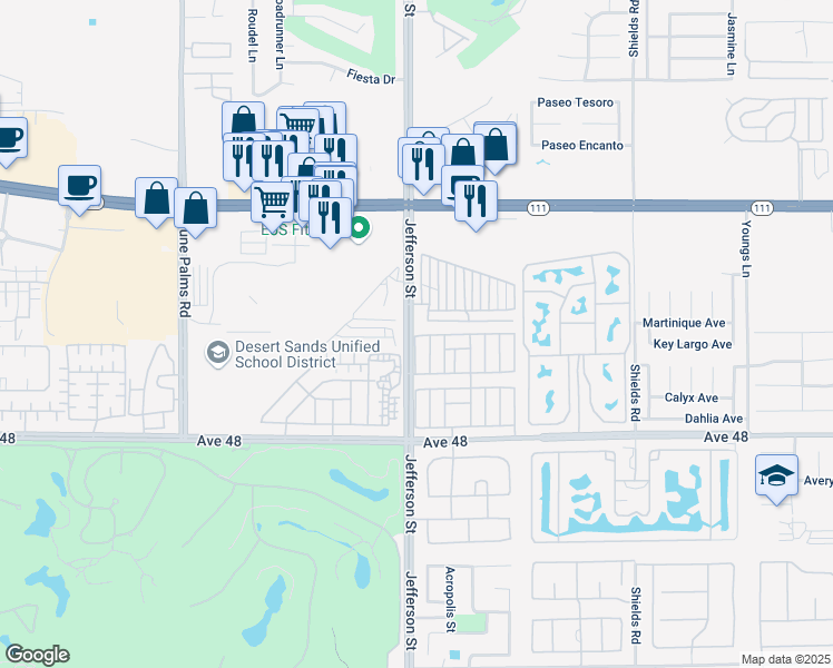 map of restaurants, bars, coffee shops, grocery stores, and more near 202 Jefferson Street in Indio