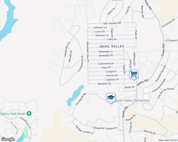 map of restaurants, bars, coffee shops, grocery stores, and more near Lodge Drive in Menifee