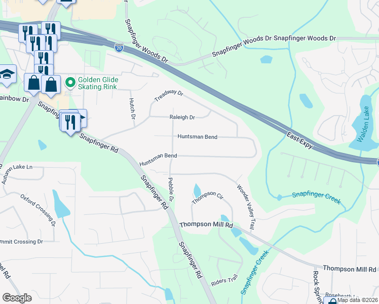 map of restaurants, bars, coffee shops, grocery stores, and more near 4494 Huntsman Bend in Decatur