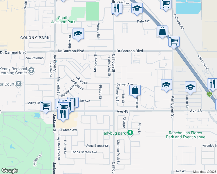 map of restaurants, bars, coffee shops, grocery stores, and more near 83460 Mantica Court in Indio