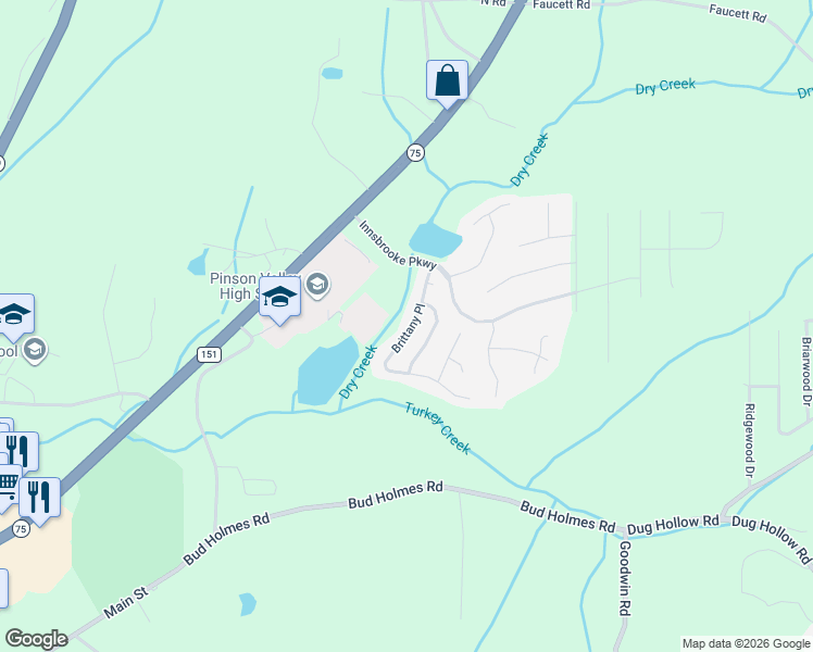 map of restaurants, bars, coffee shops, grocery stores, and more near 6834 Brittany Place in Pinson