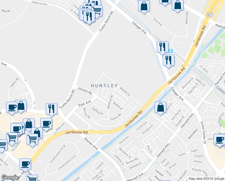 map of restaurants, bars, coffee shops, grocery stores, and more near 16 Windrow Road in Tustin