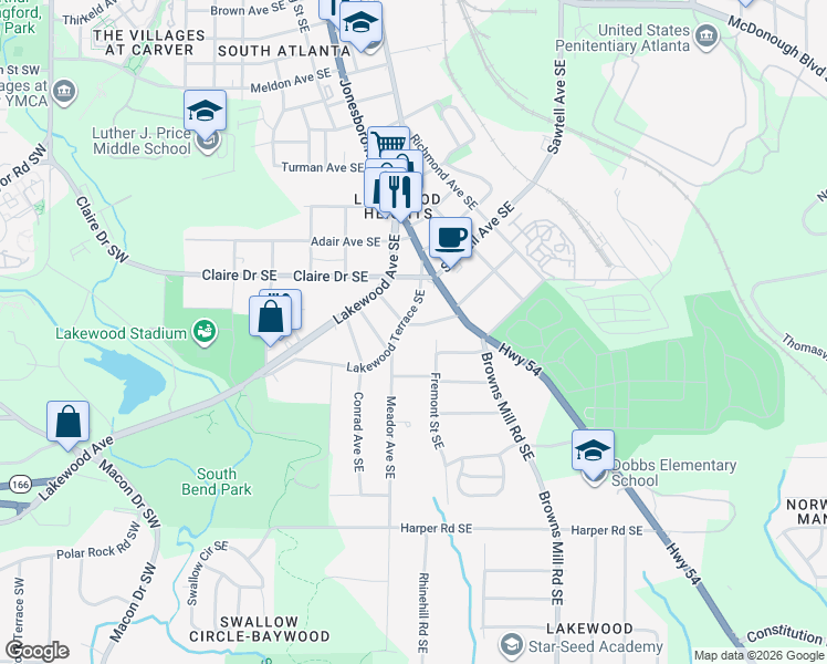 map of restaurants, bars, coffee shops, grocery stores, and more near 1842 Lakewood Terrace Southeast in Atlanta