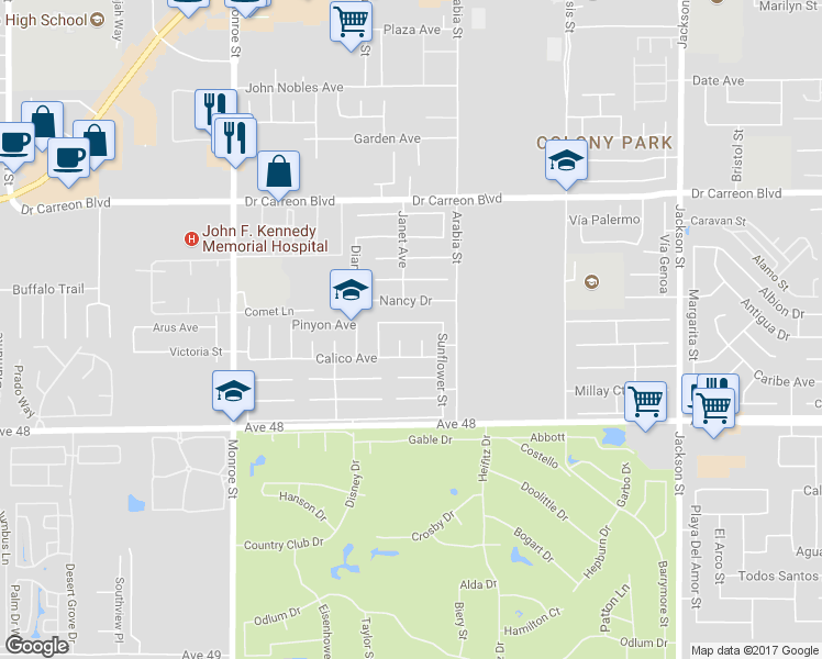 map of restaurants, bars, coffee shops, grocery stores, and more near 82387 Painted Canyon Avenue in Indio